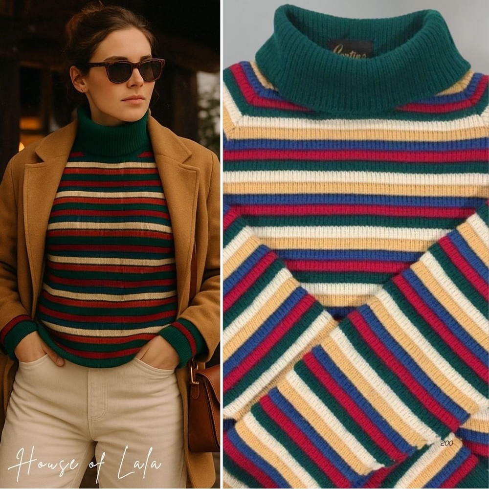 Vintage rainbow chunky knit turtleneck pullover warm sweater. 80s 90s vintage.